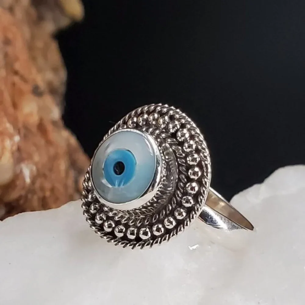 Sterling Silver Ring 925 Evil Eye Protective Designer Mother Of Pearl
